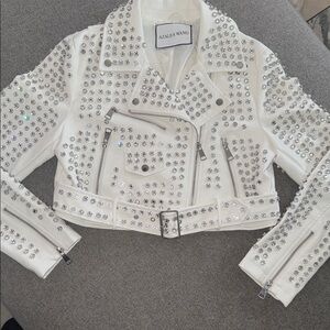 AZALEA WANG white studded faux leather moto Jacket